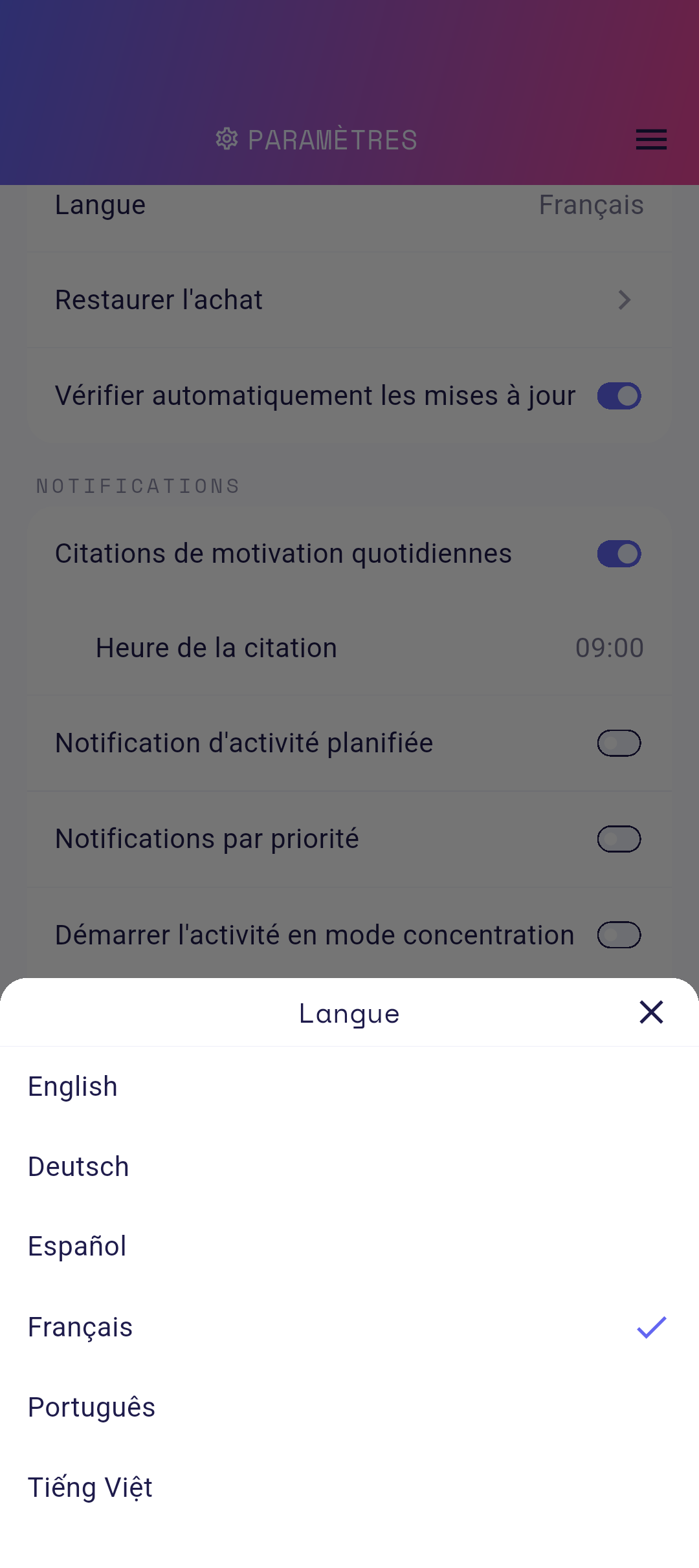 Feuille de sélection de langue