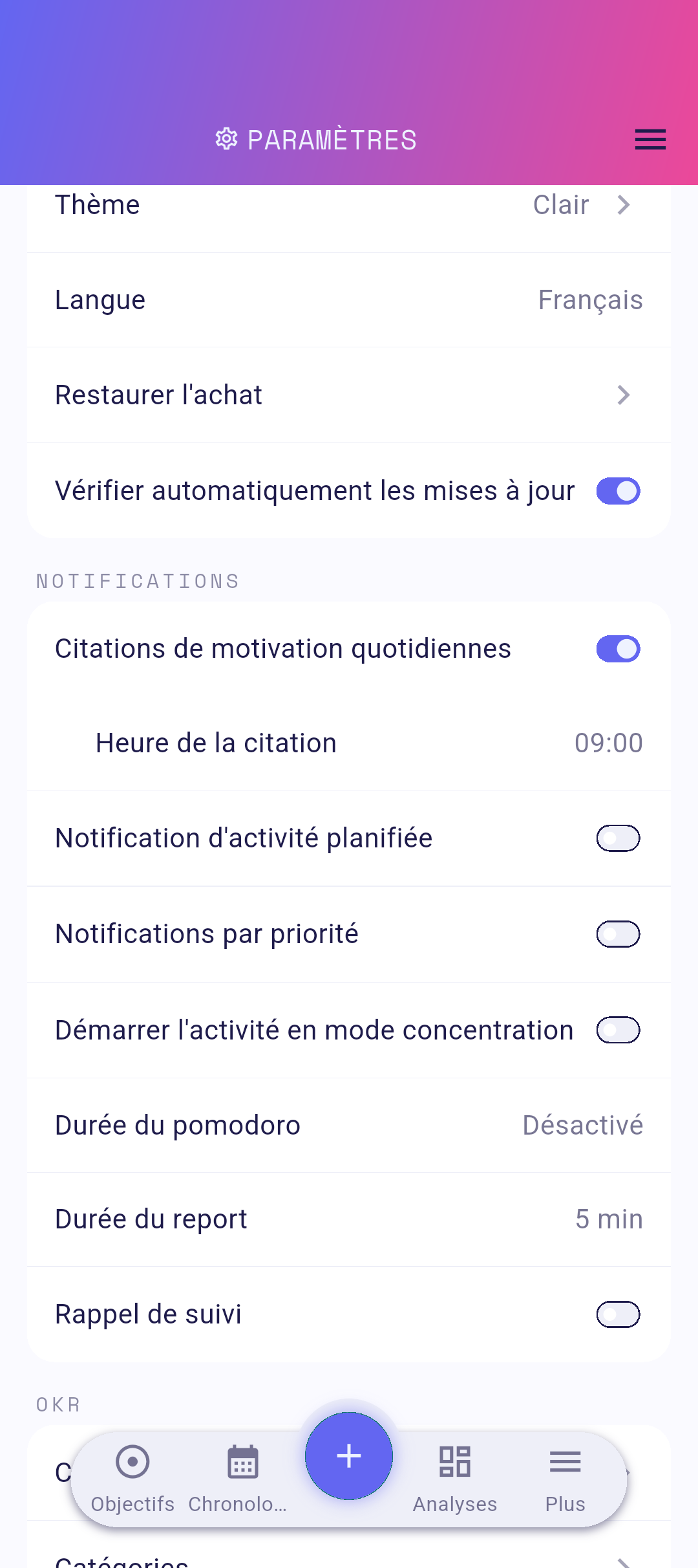 Ligne Thème dans les paramètres