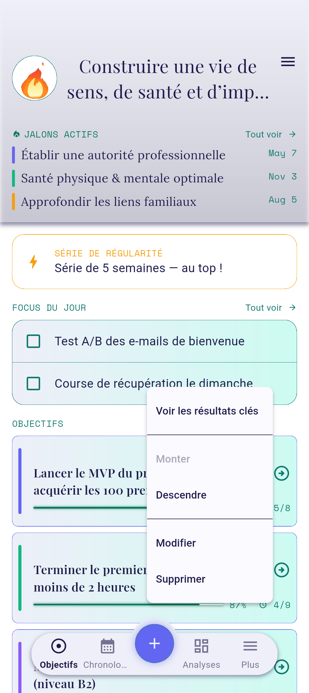 Menu contextuel de l'objectif avec Voir les résultats clés mis en évidence