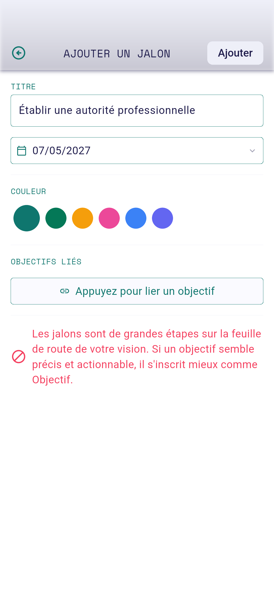 Éditeur de jalon avec titre et date remplis
