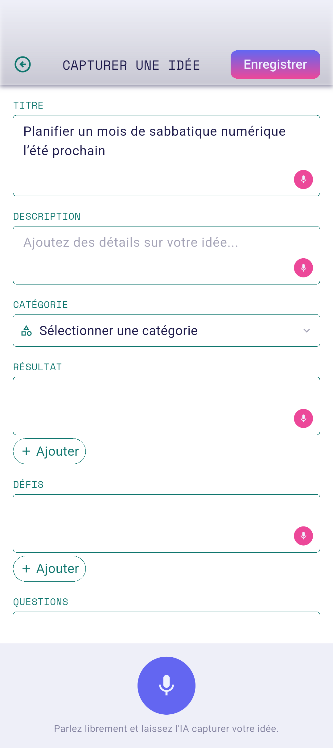 Panneau de révision vocale avec le texte capturé