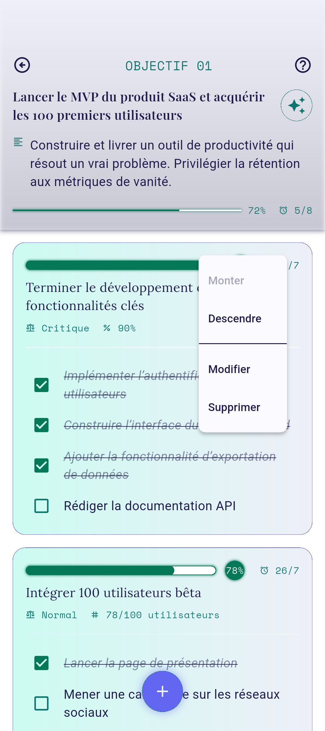 Menu contextuel du résultat clé ouvert