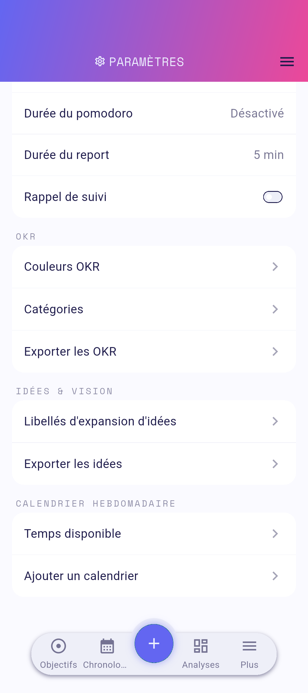 Ligne Exporter les OKR dans les paramètres
