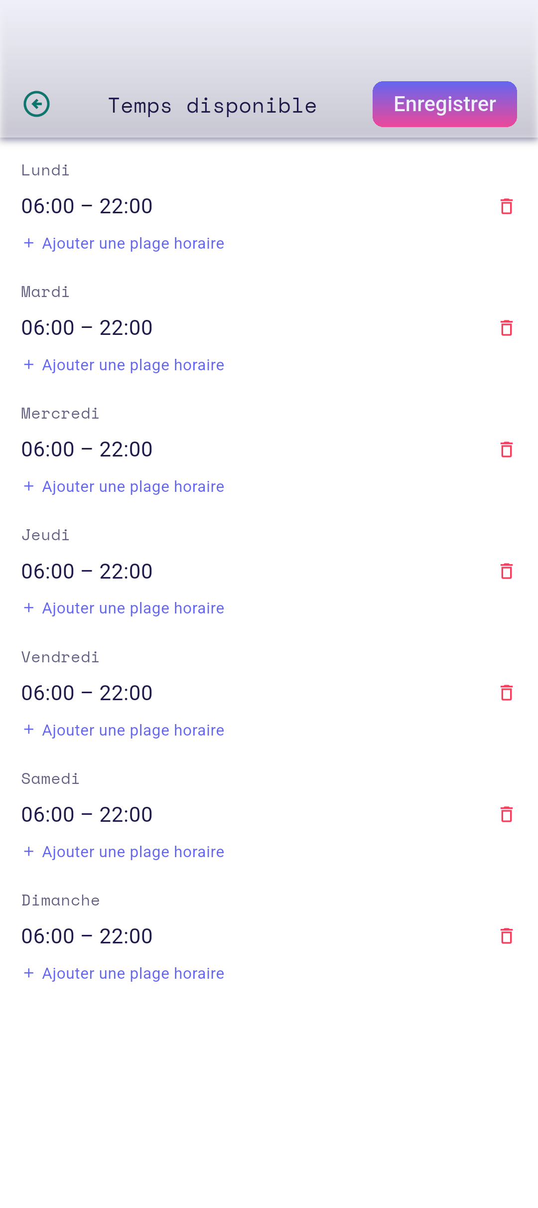 Éditeur Temps disponible avec Lundi sélectionné