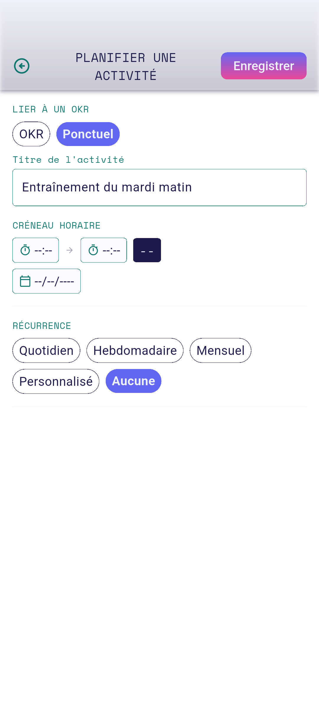 Éditeur d'activité avec les champs remplis