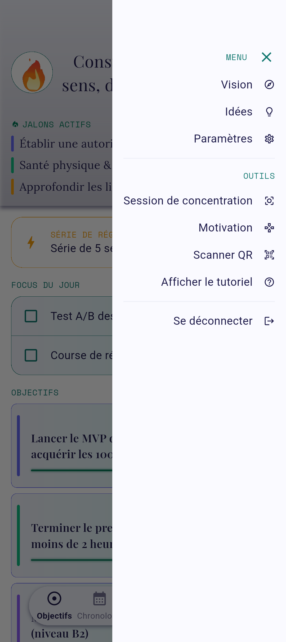 Menu latéral avec Vision mis en évidence