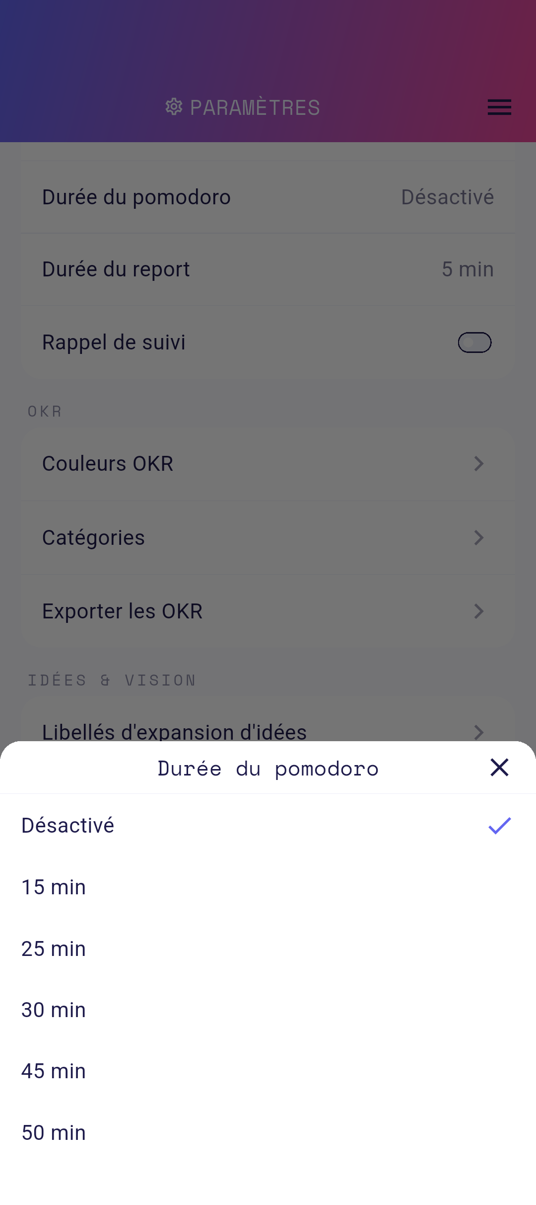 Options de durée Pomodoro