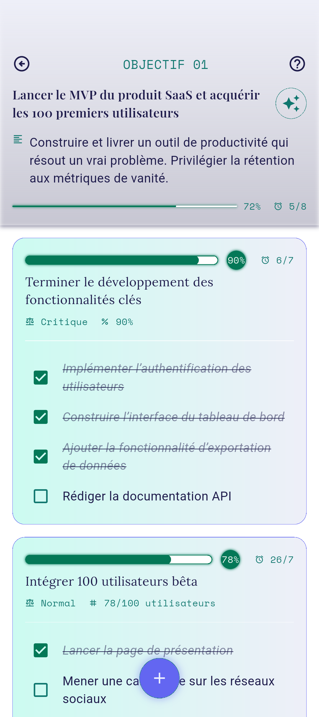 Écran Résultats clés ouvert
