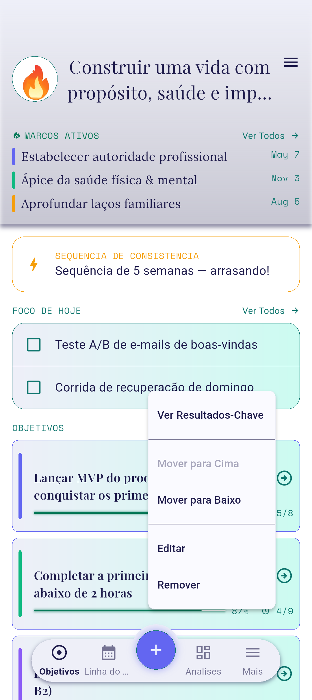 Menu de contexto do objetivo com Editar destacado