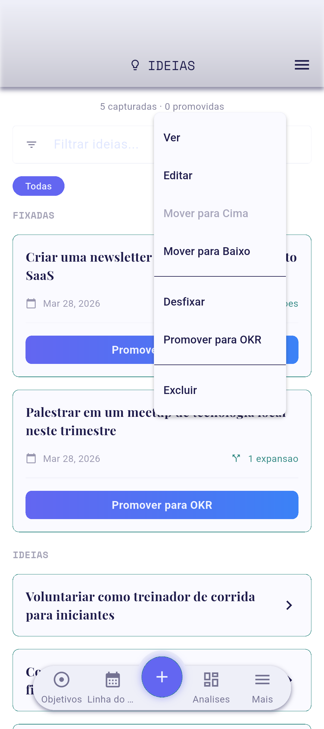 Menu de contexto do card de ideia com Ver destacado