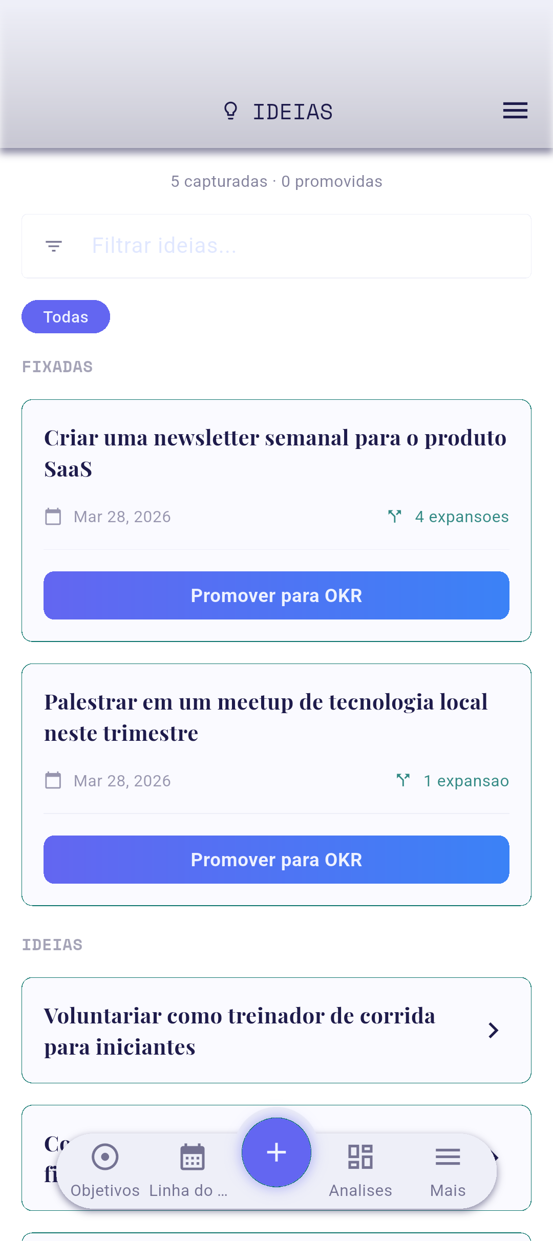 Tela de Ideias com o botão +