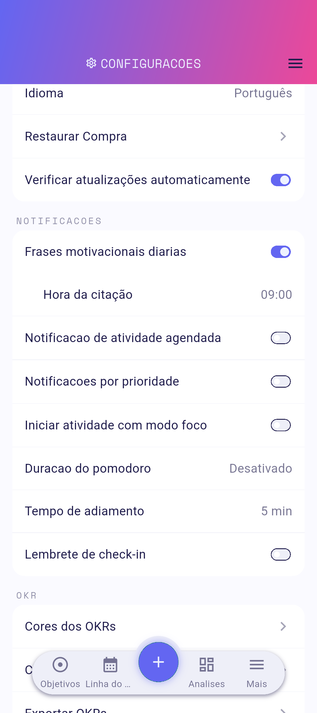 Linha de Idioma nas configurações