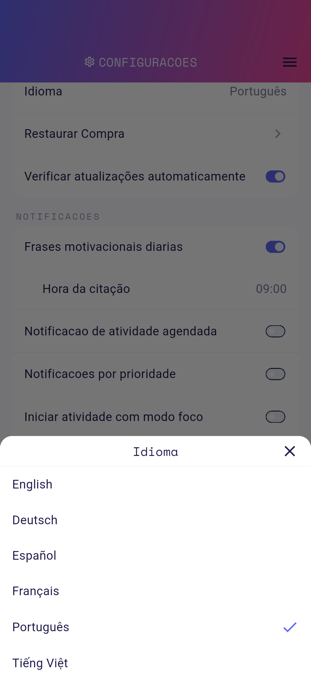 Painel inferior de seleção de idioma