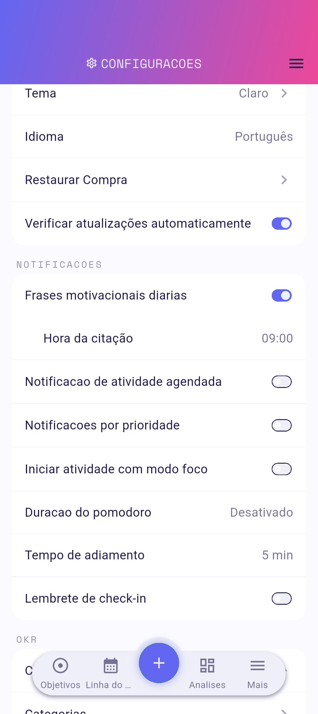 Linha de Tema nas configurações