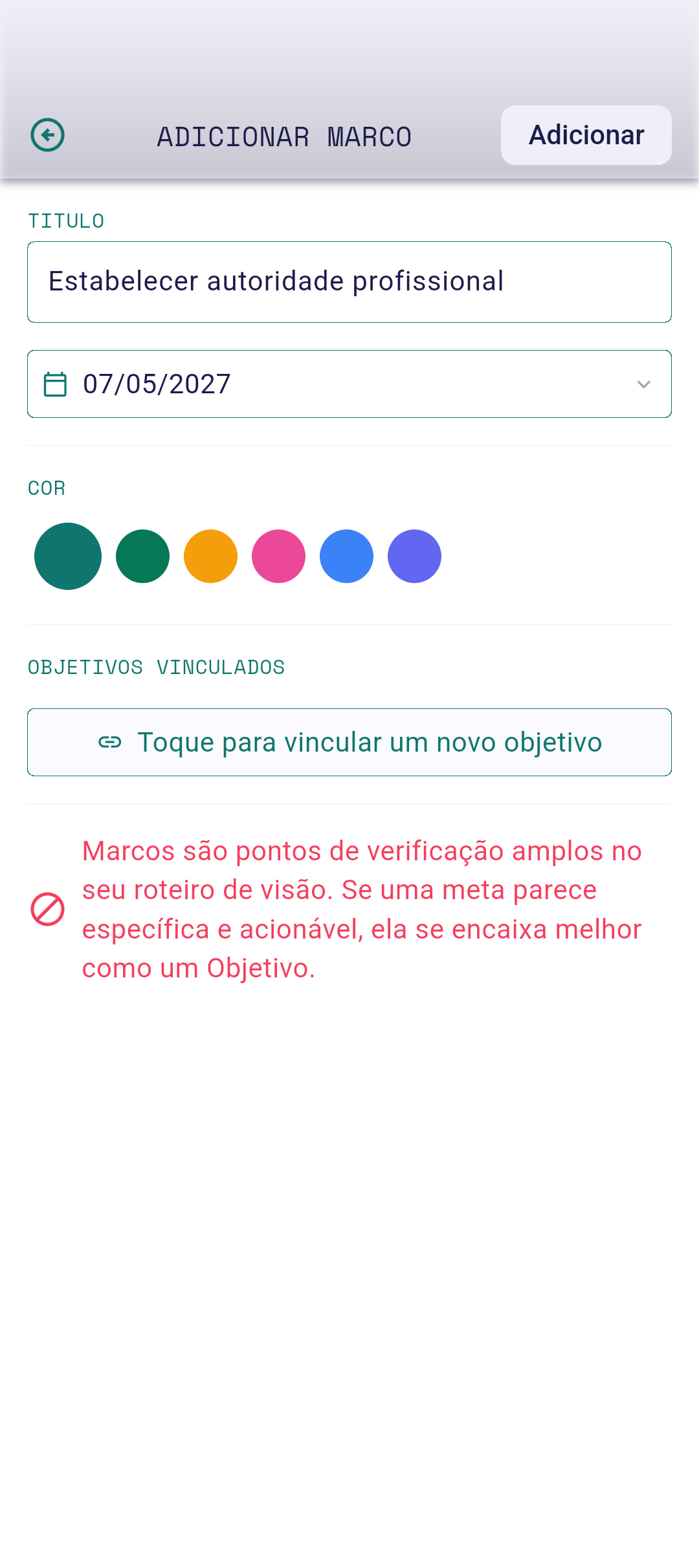 Editor de marco com título e data preenchidos