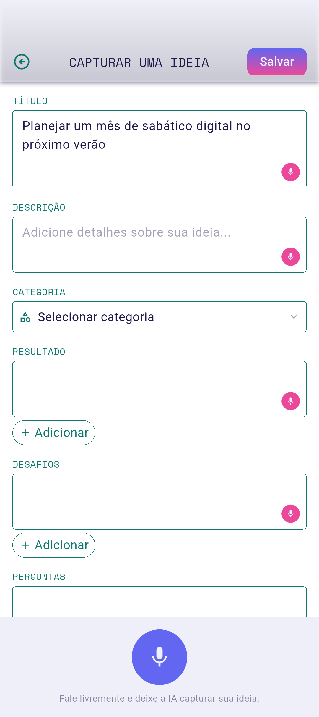 Painel de revisão de voz com o texto capturado