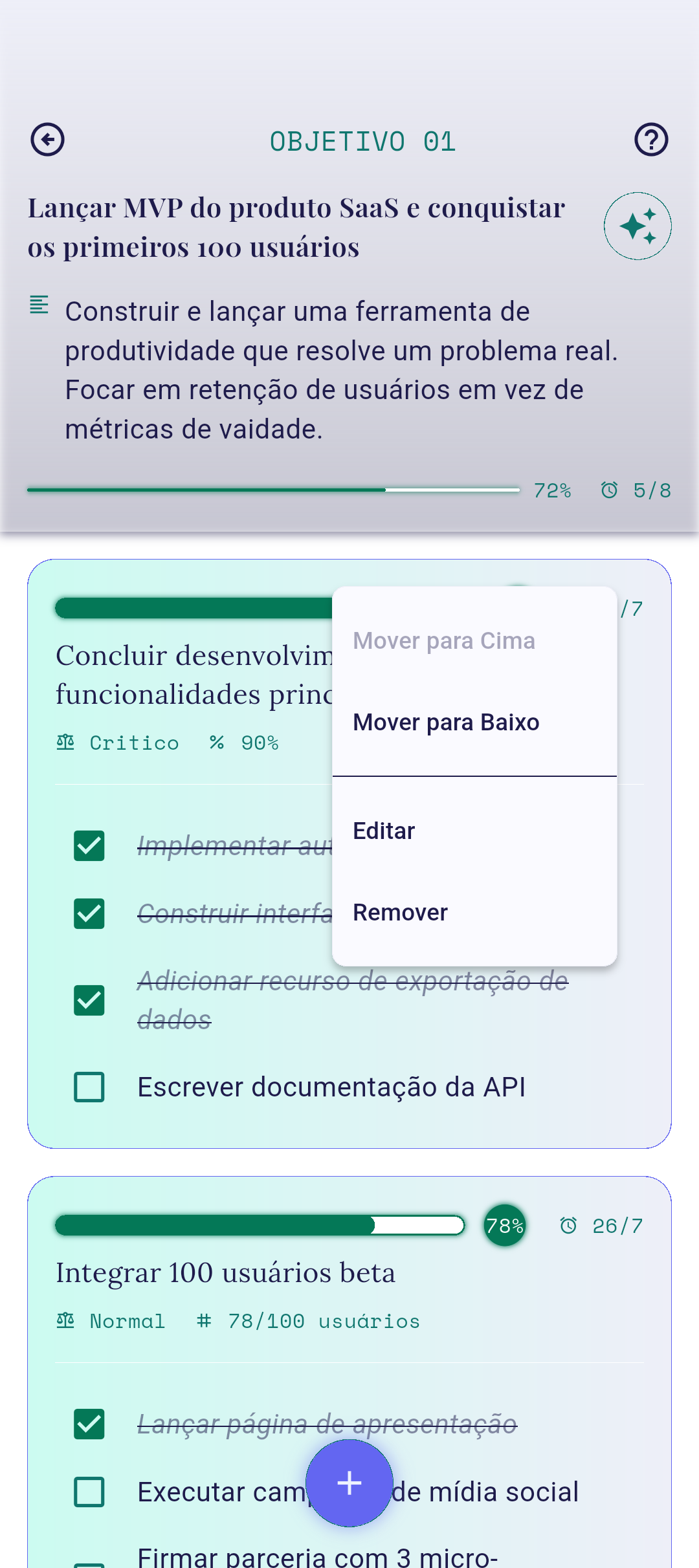 Menu de contexto do resultado-chave aberto