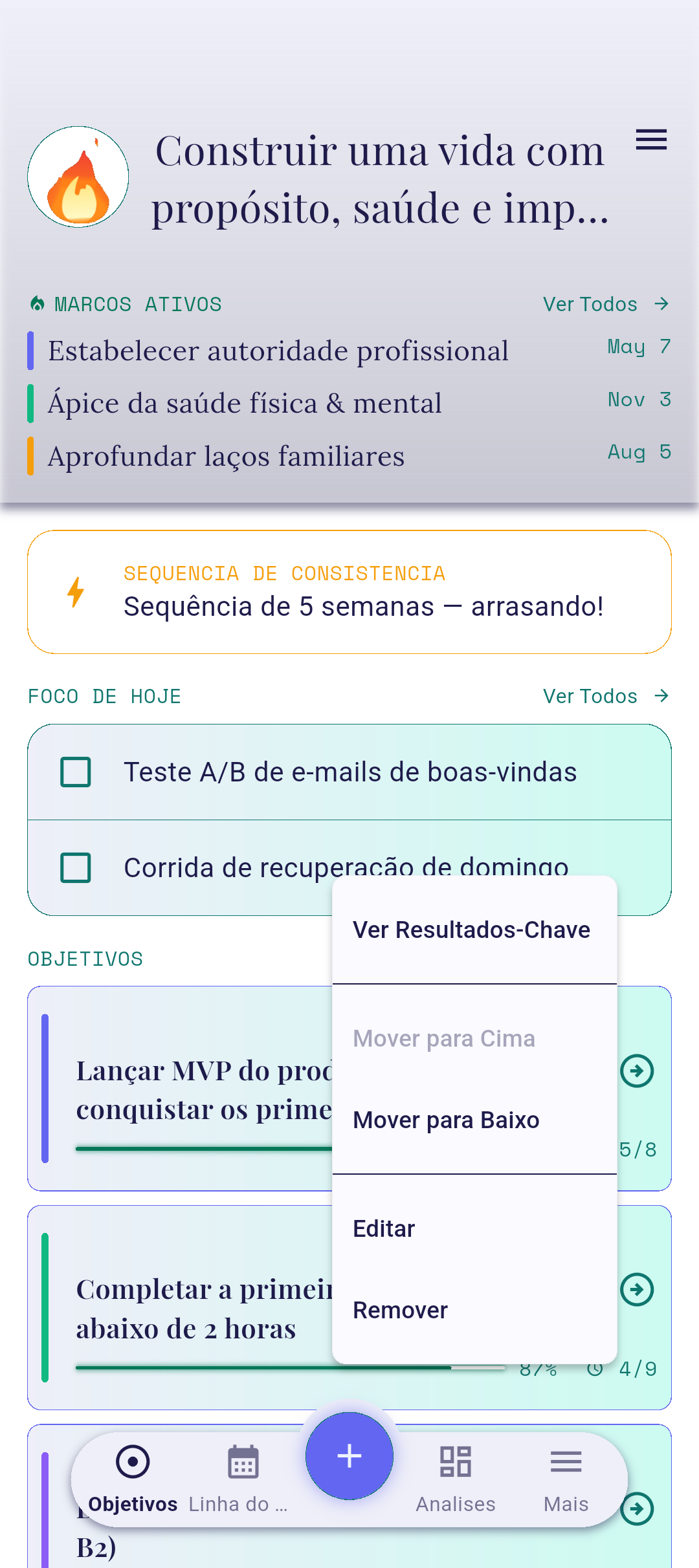 Menu de contexto aberto acima de um card de objetivo