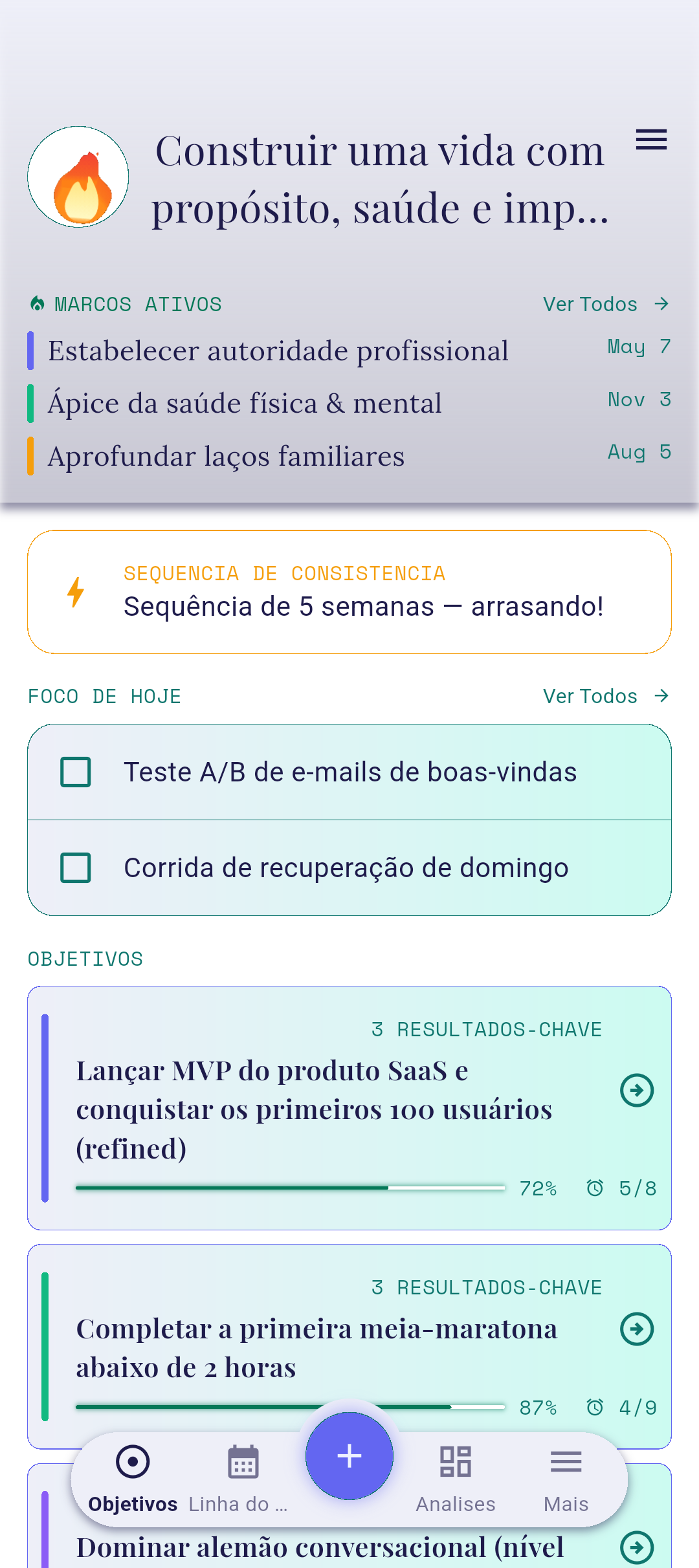 Objetivo atualizado na tela inicial