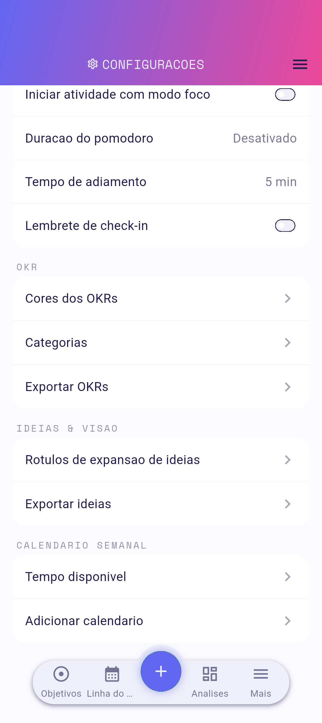 Linha de botão nas configurações