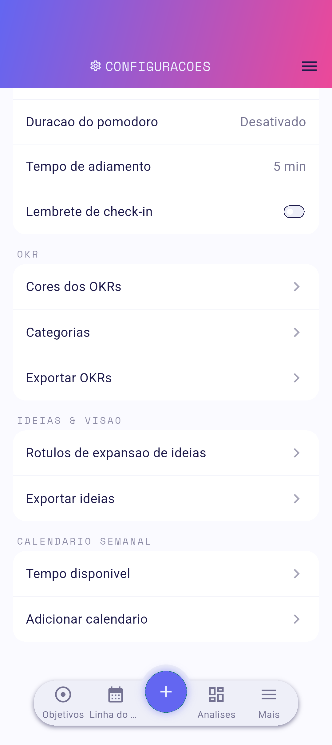 Linha Exportar OKRs nas configurações