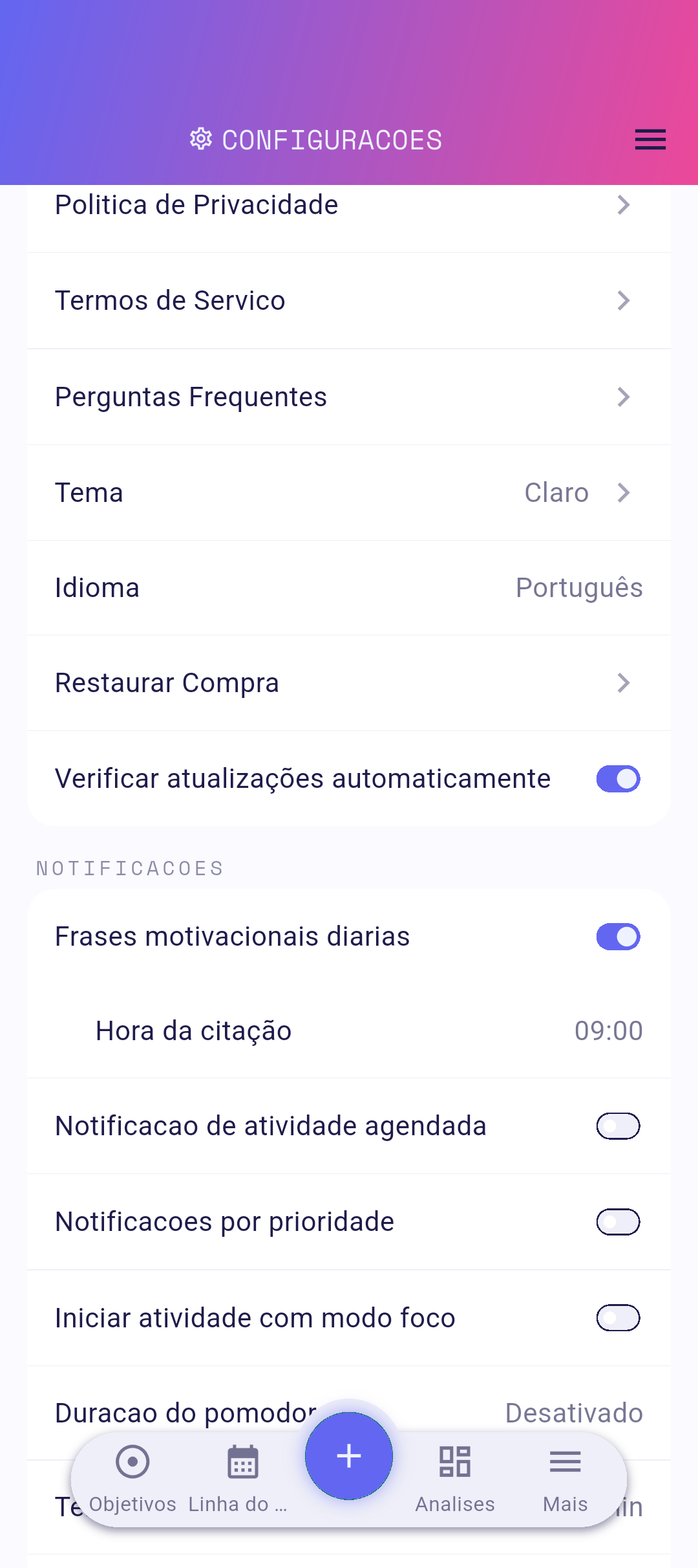 Linhas de links legais nas configurações