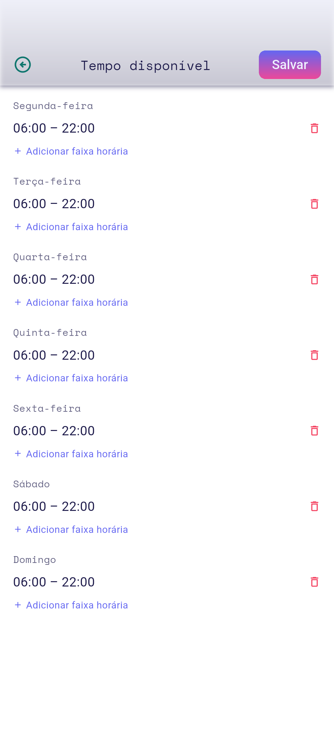 Editor de Tempo disponível com segunda-feira selecionada