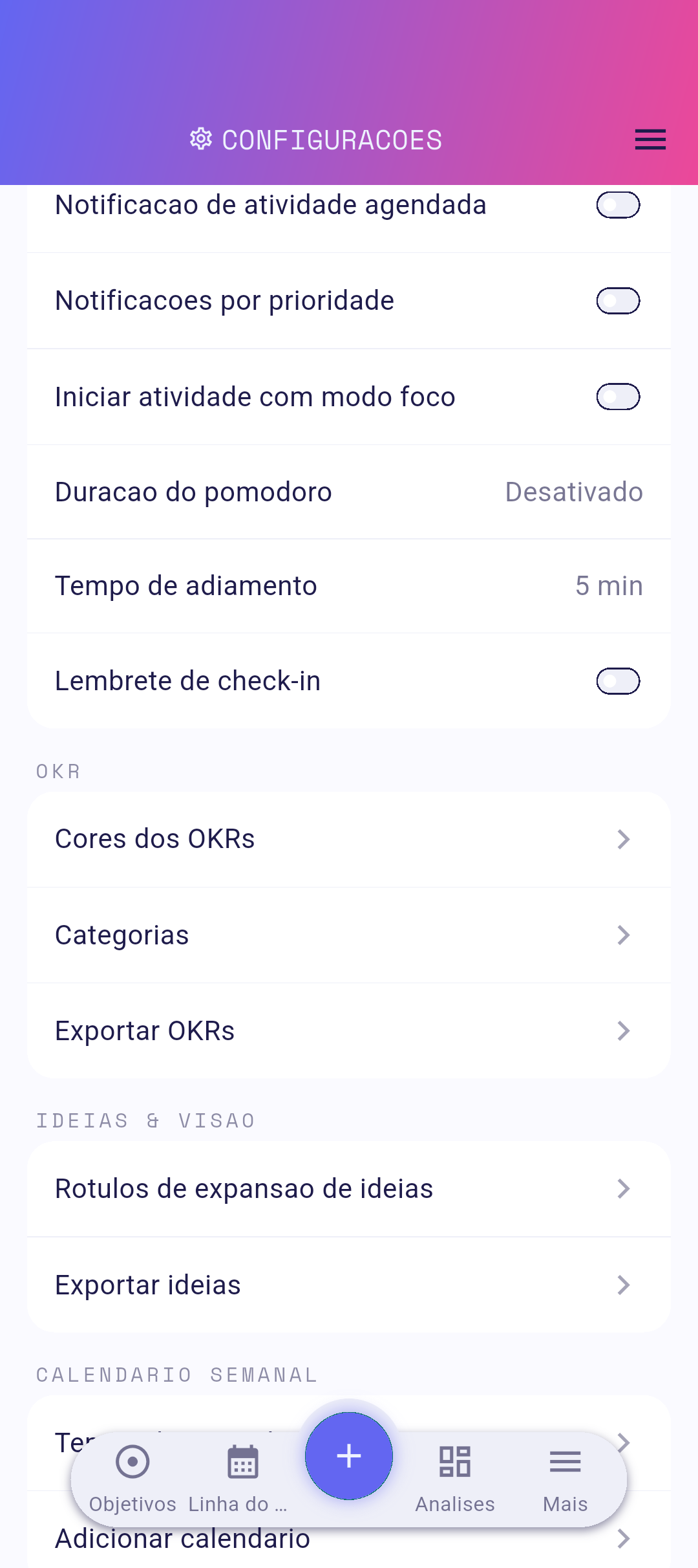 Linha de botão nas configurações