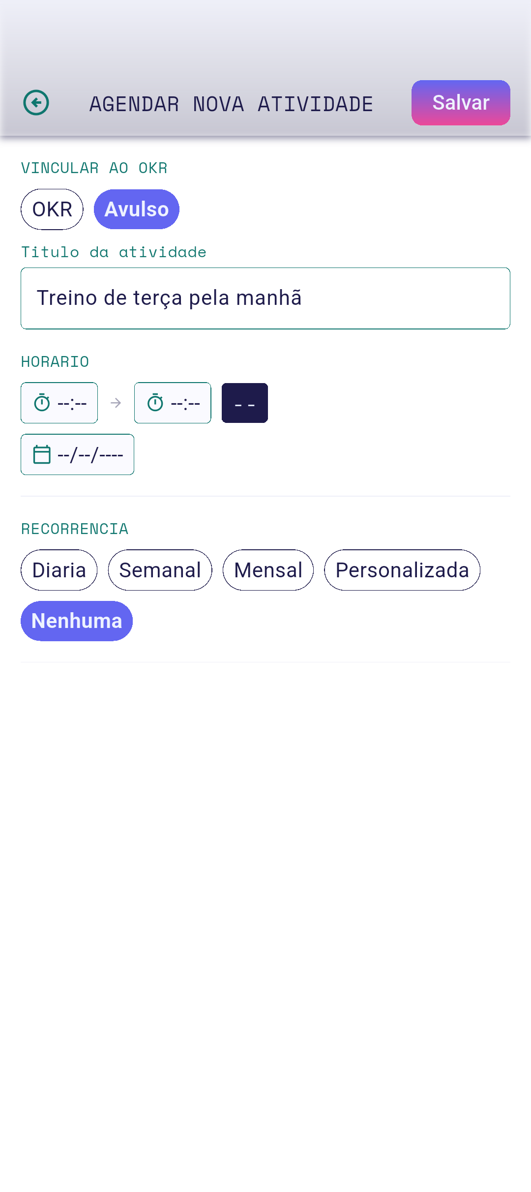 Editor de atividade com os campos preenchidos