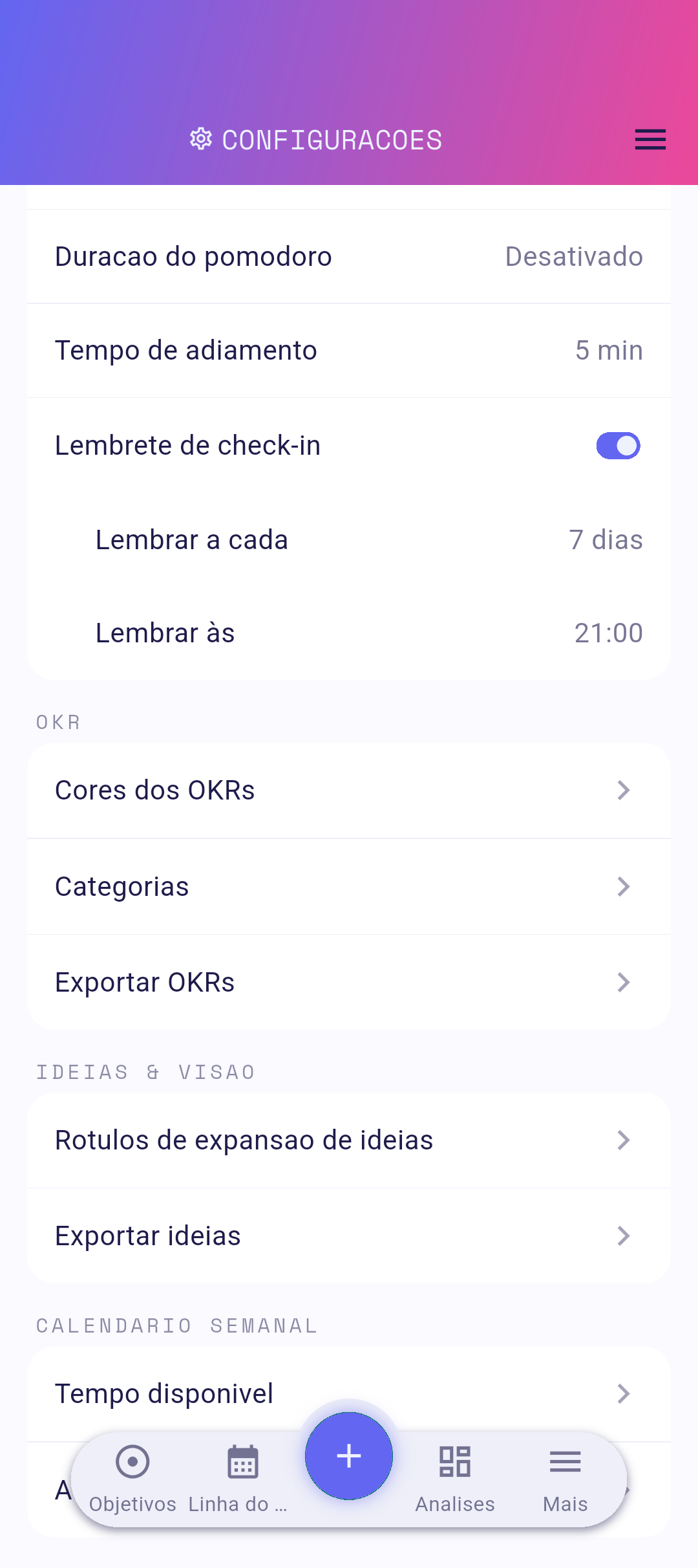 Seletor de horário aberto