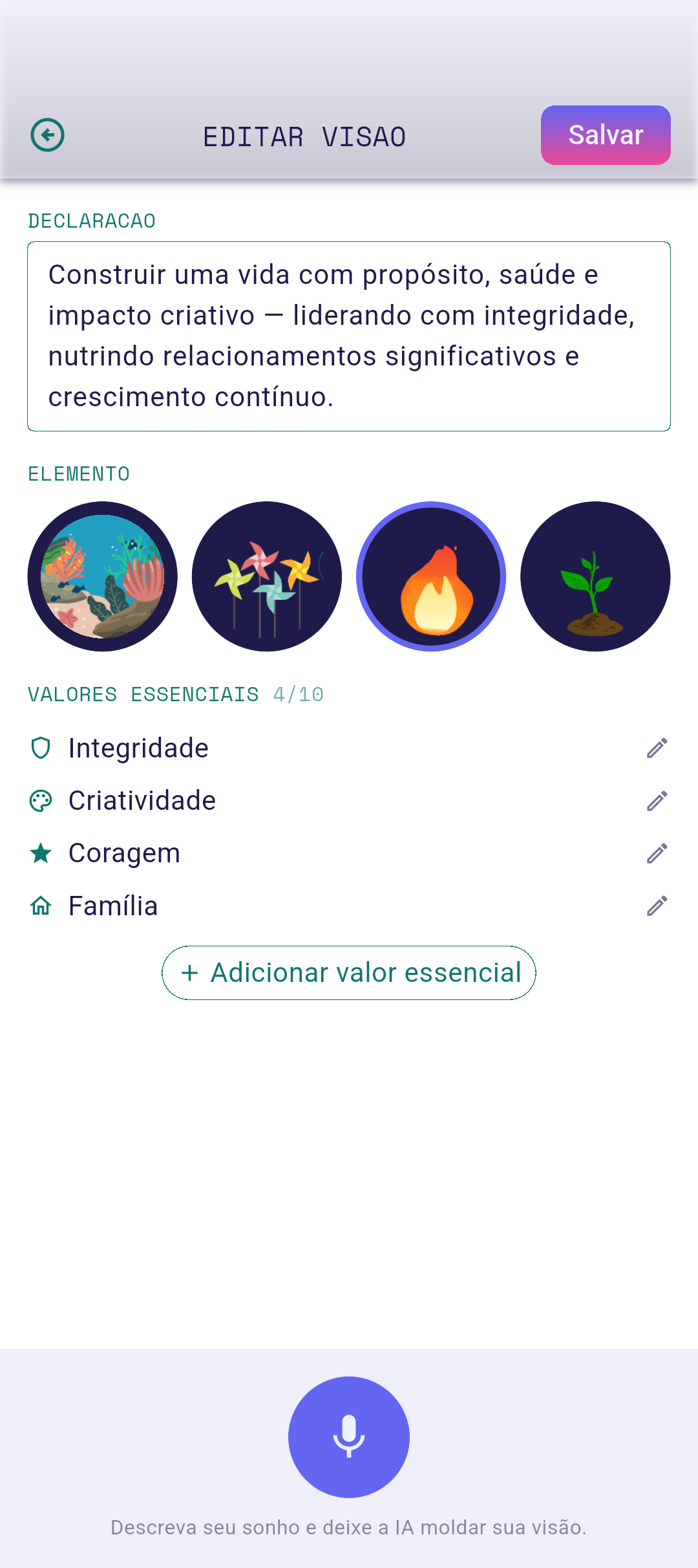 Editor aberto com o texto da visão digitado