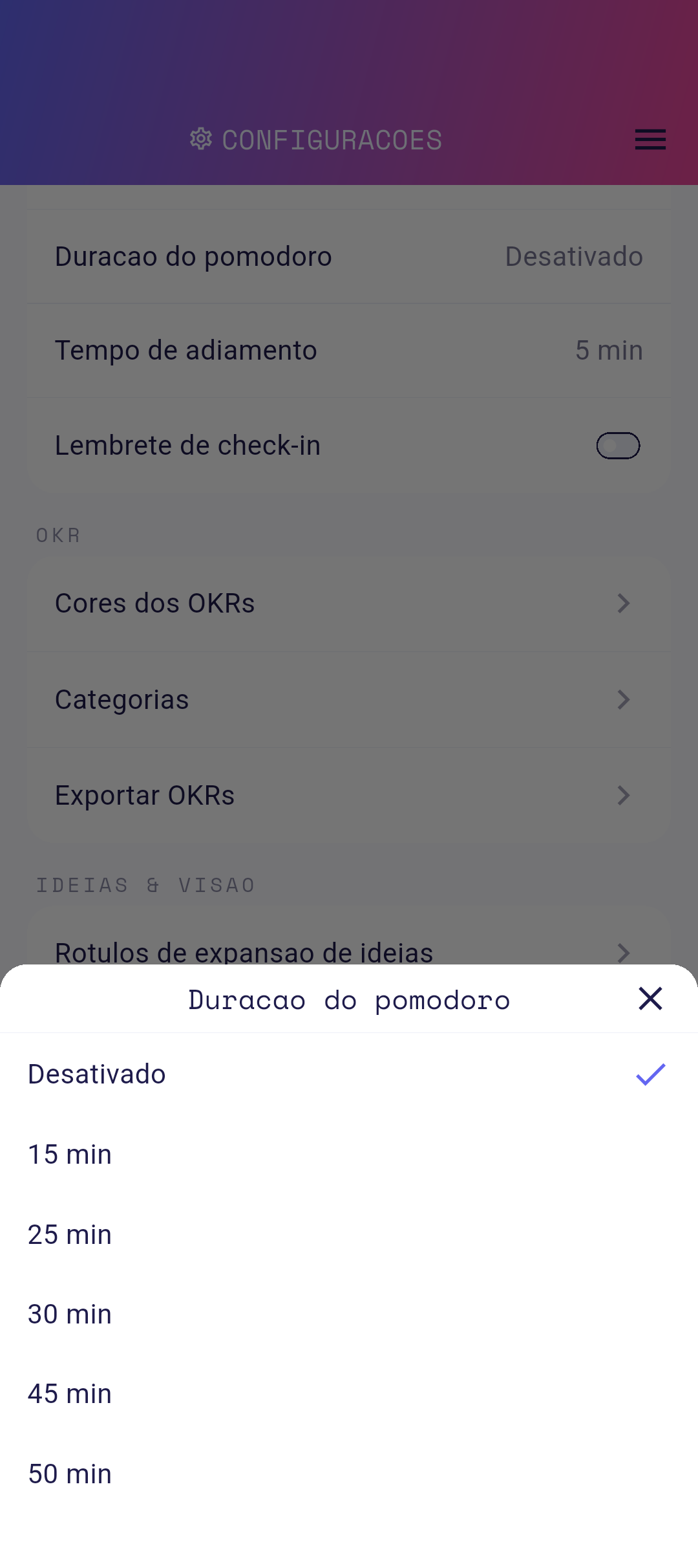 Opções de duração do Pomodoro