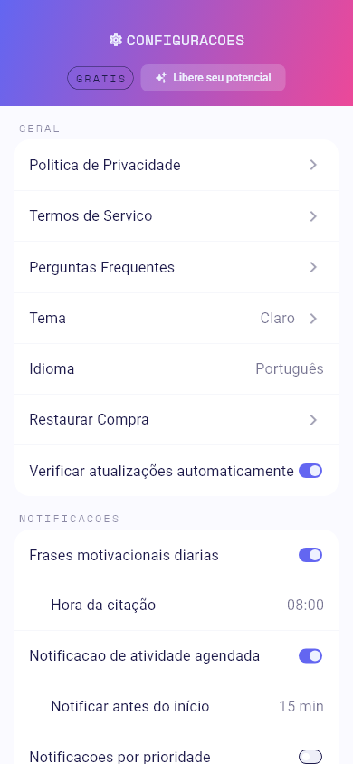 Linha de upgrade nas configurações