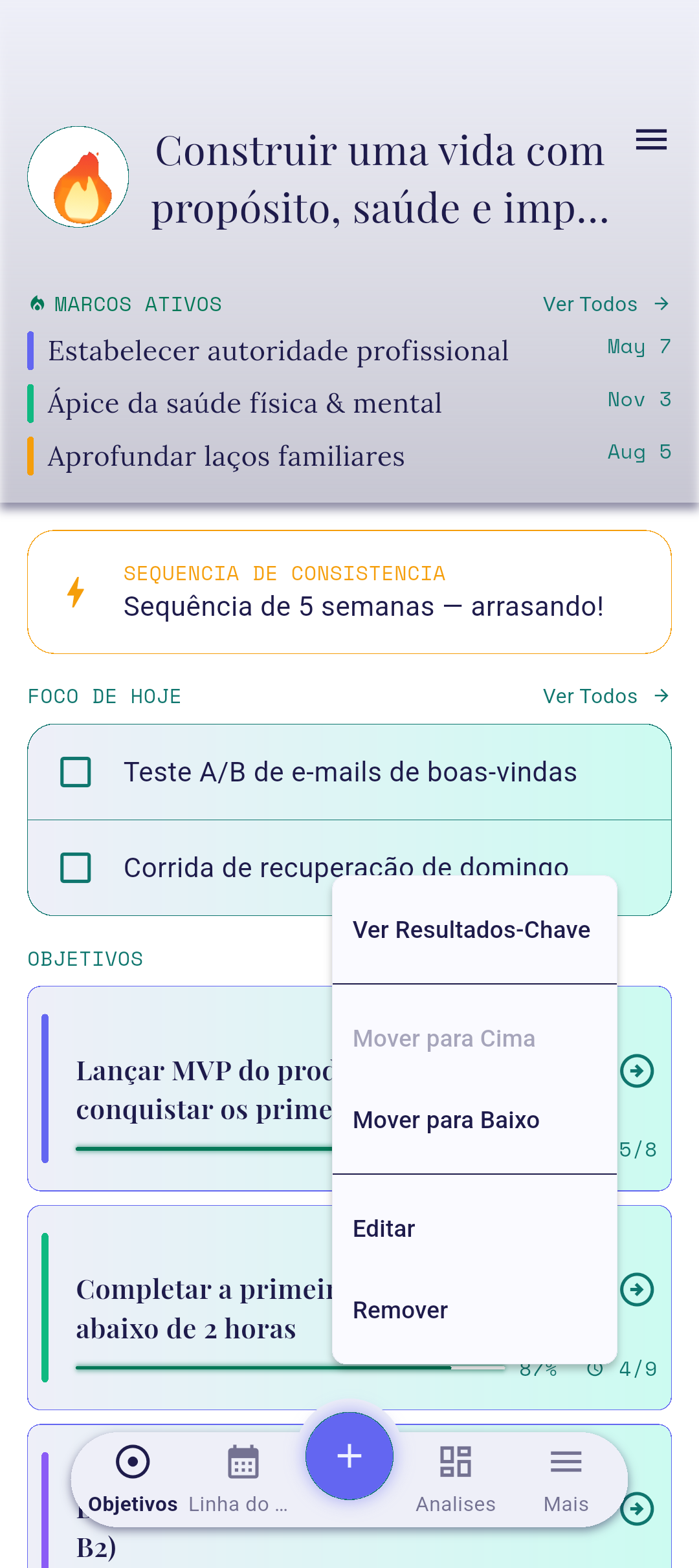 Menu de contexto com Ver Resultados-chave destacado