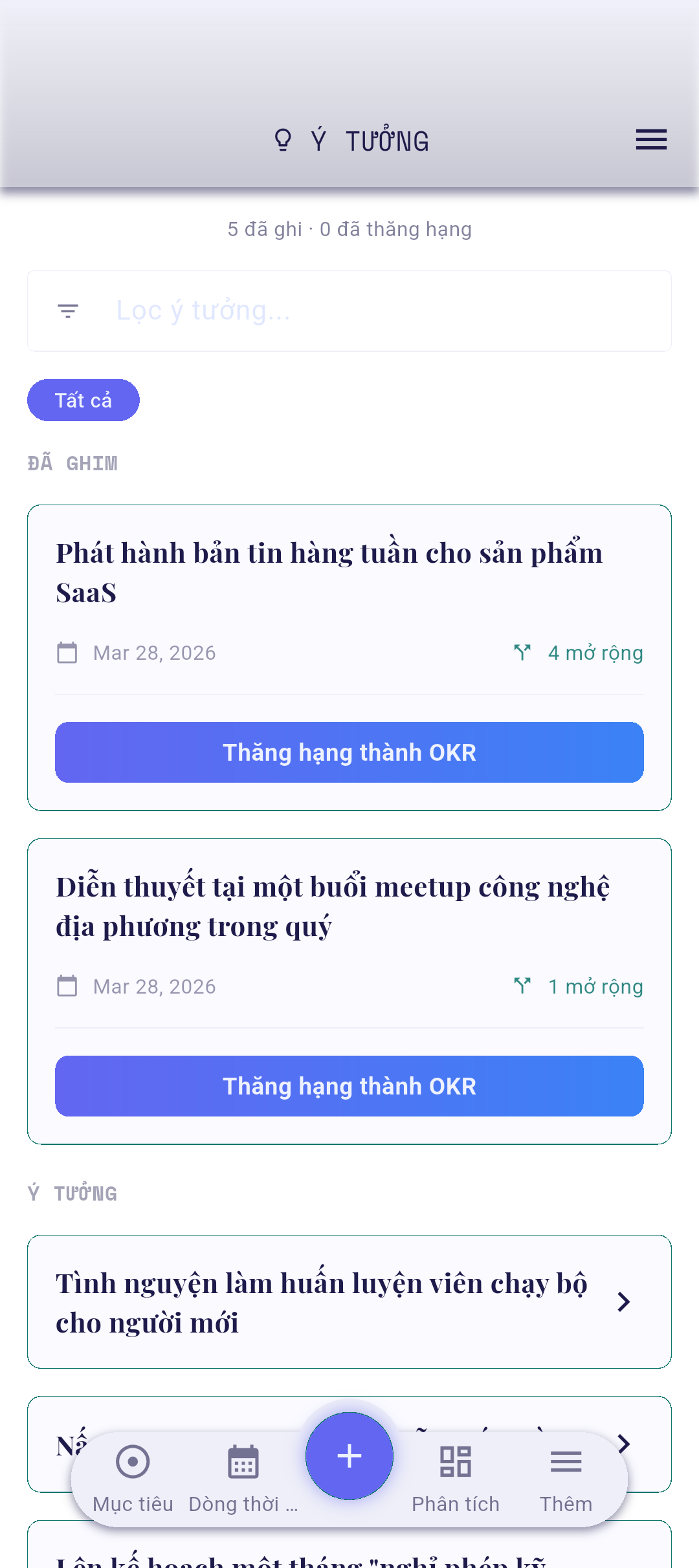 Màn hình Ý tưởng với nút +