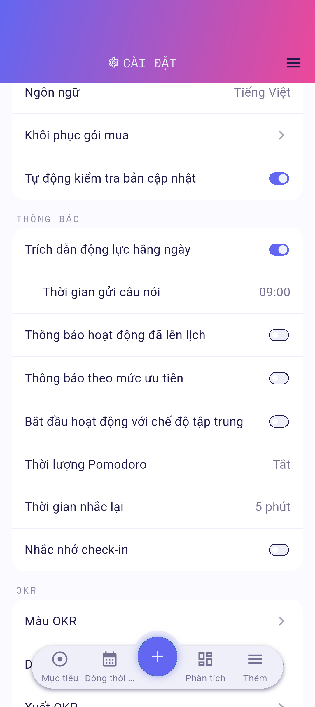 Hàng Ngôn ngữ trong cài đặt