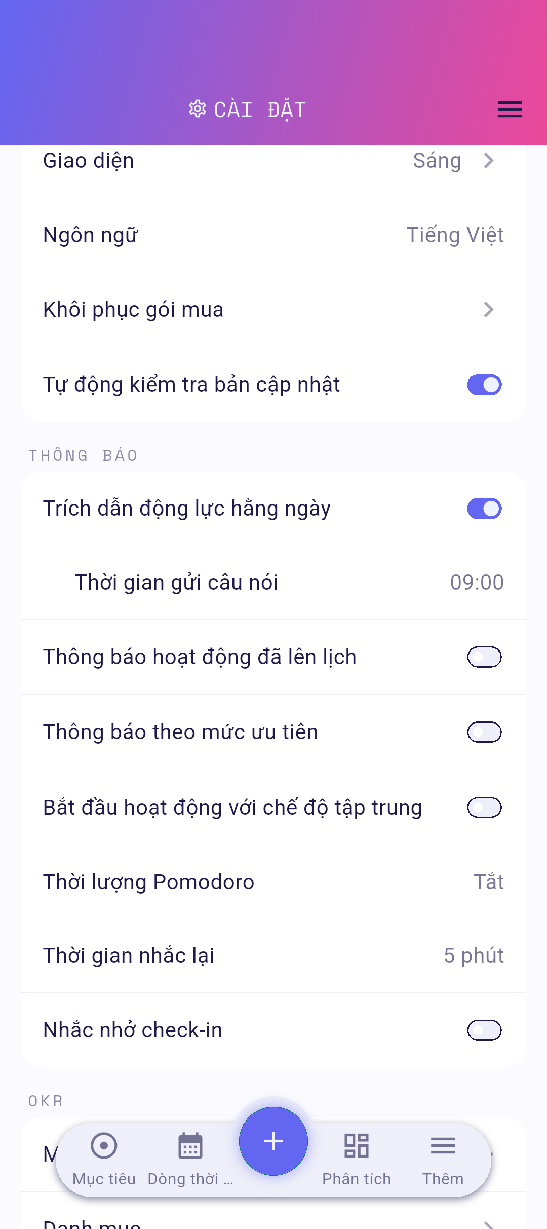 Hàng Giao diện trong cài đặt