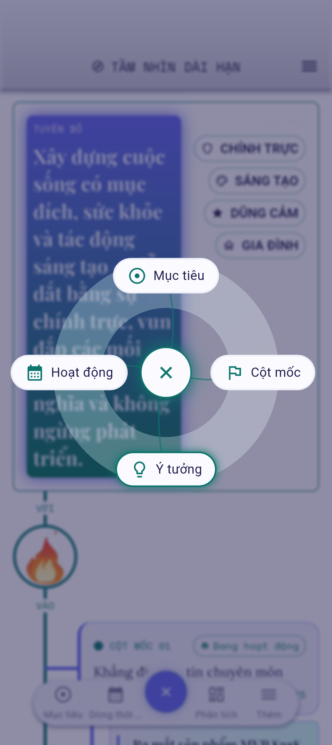 Nút QuickPlus với tùy chọn Mốc quan trọng được làm nổi bật