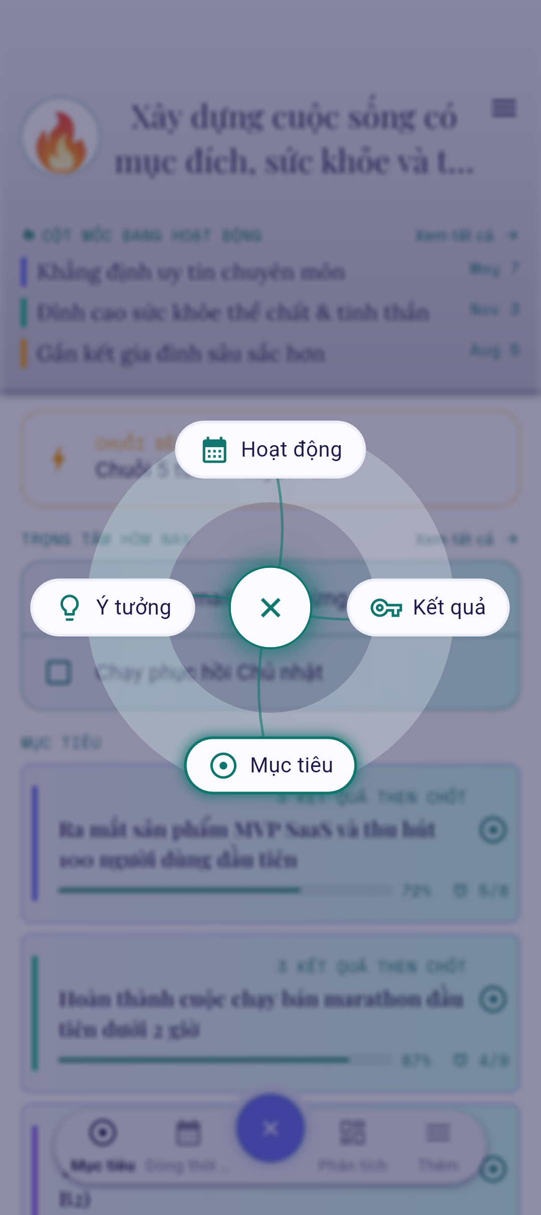 Nút QuickPlus với tùy chọn Mục tiêu được làm nổi bật