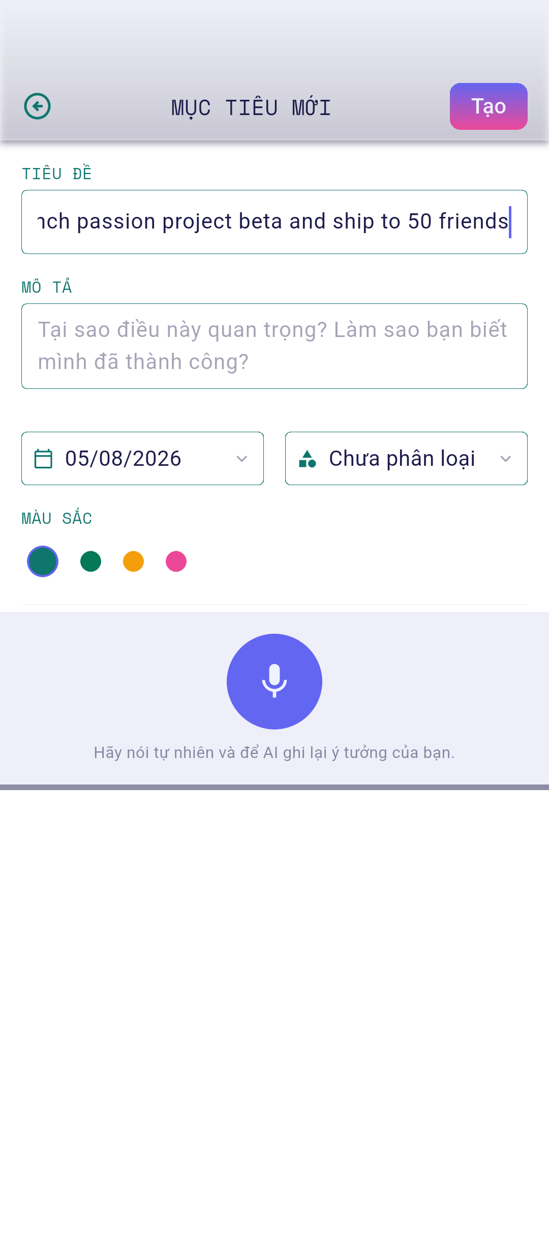 Màn hình chỉnh sửa mục tiêu với tiêu đề đã điền
