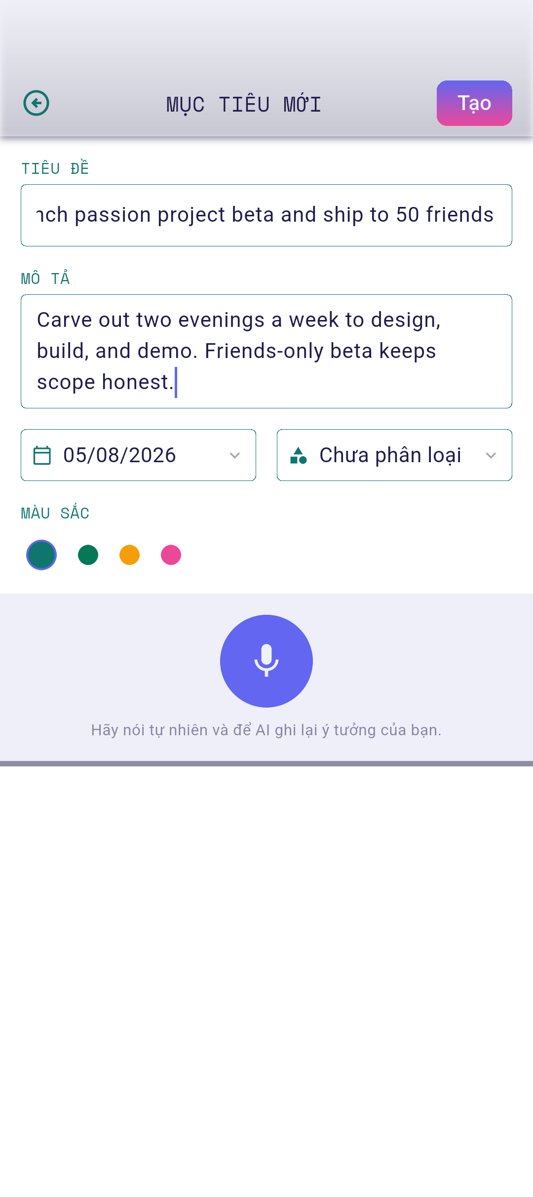 Trường mô tả đã điền bên dưới tiêu đề