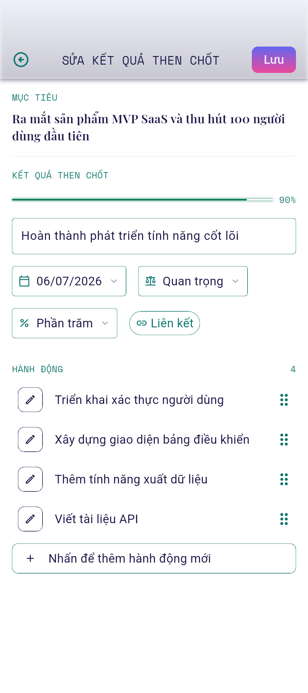 Trình soạn thảo mở với tiêu đề và mục tiêu đã điền sẵn