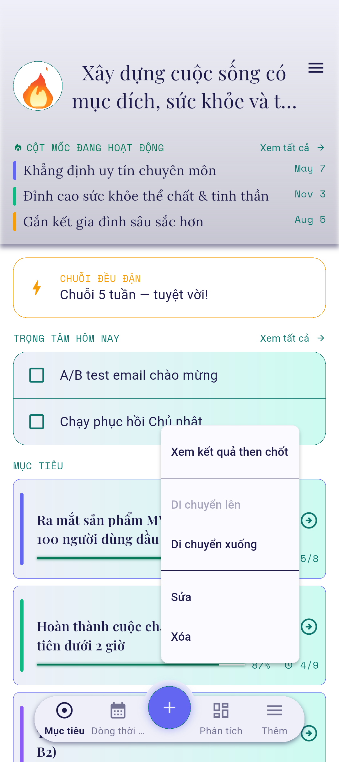 Menu ngữ cảnh mở phía trên thẻ mục tiêu