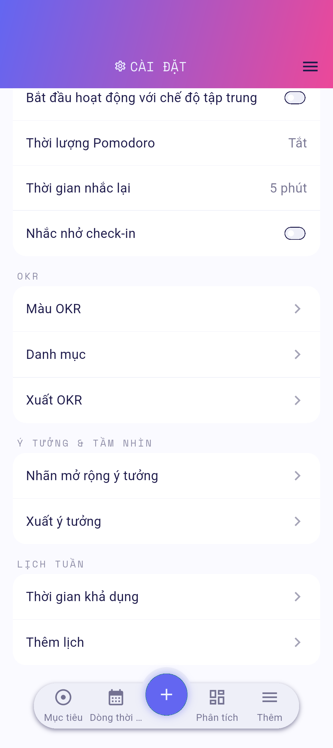 Hàng nút bật/tắt trong cài đặt
