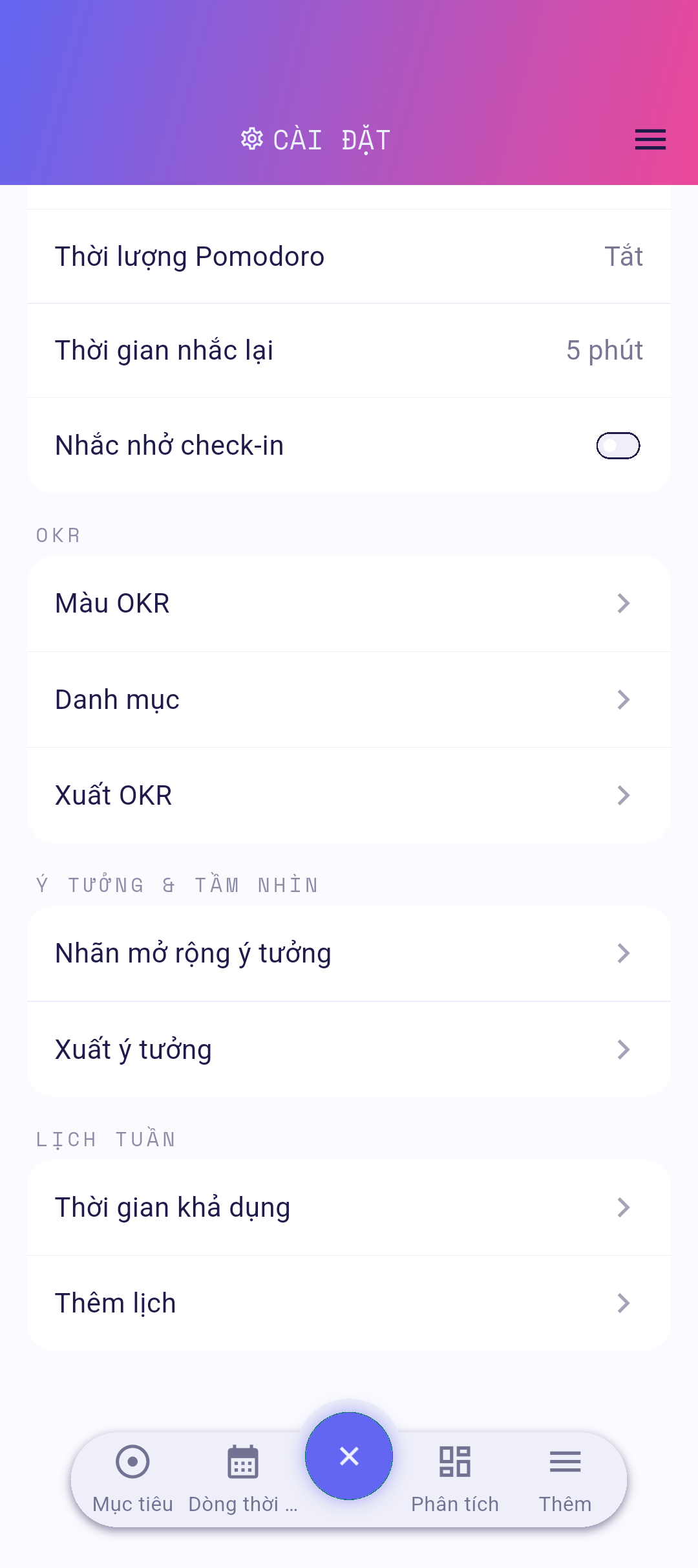 Cài đặt với Thời gian sẵn có được làm nổi bật