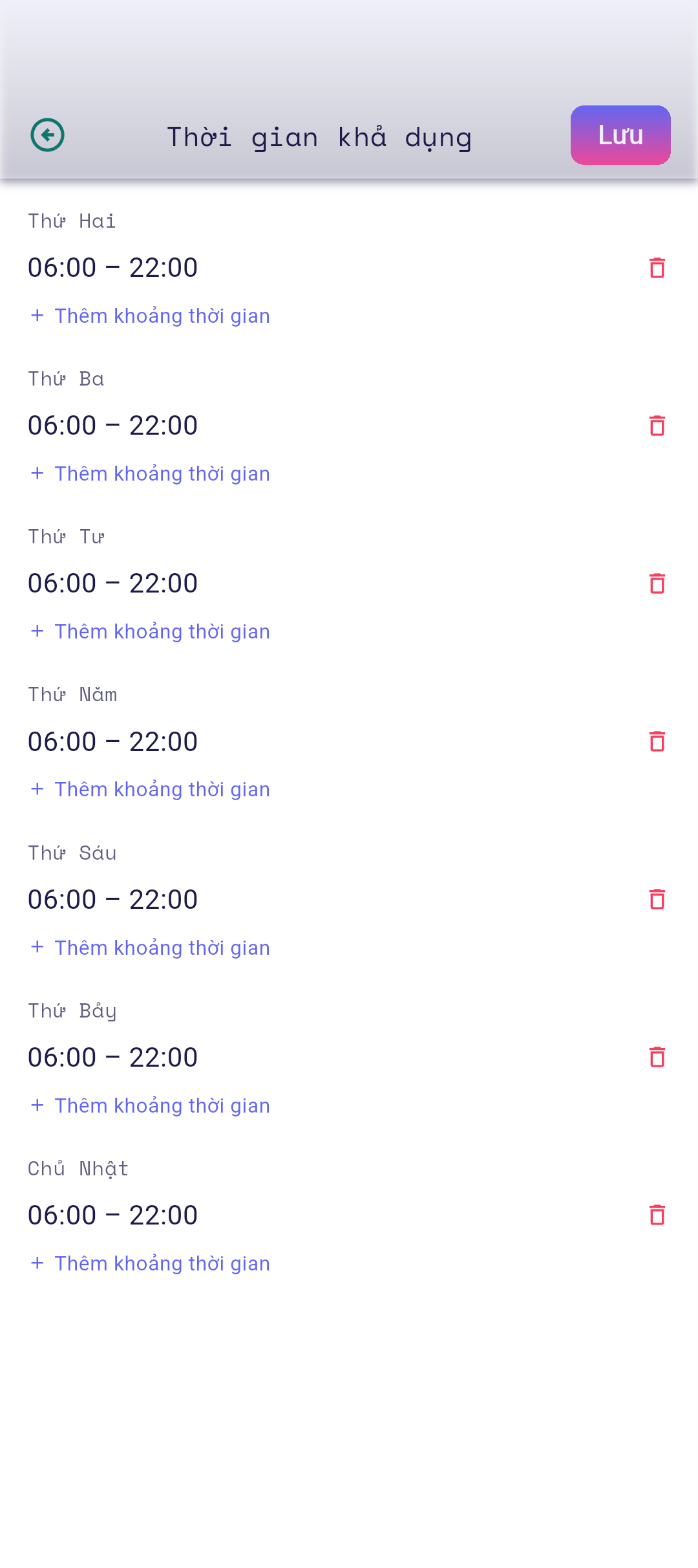 Trình soạn thảo Thời gian sẵn có với Thứ hai được chọn