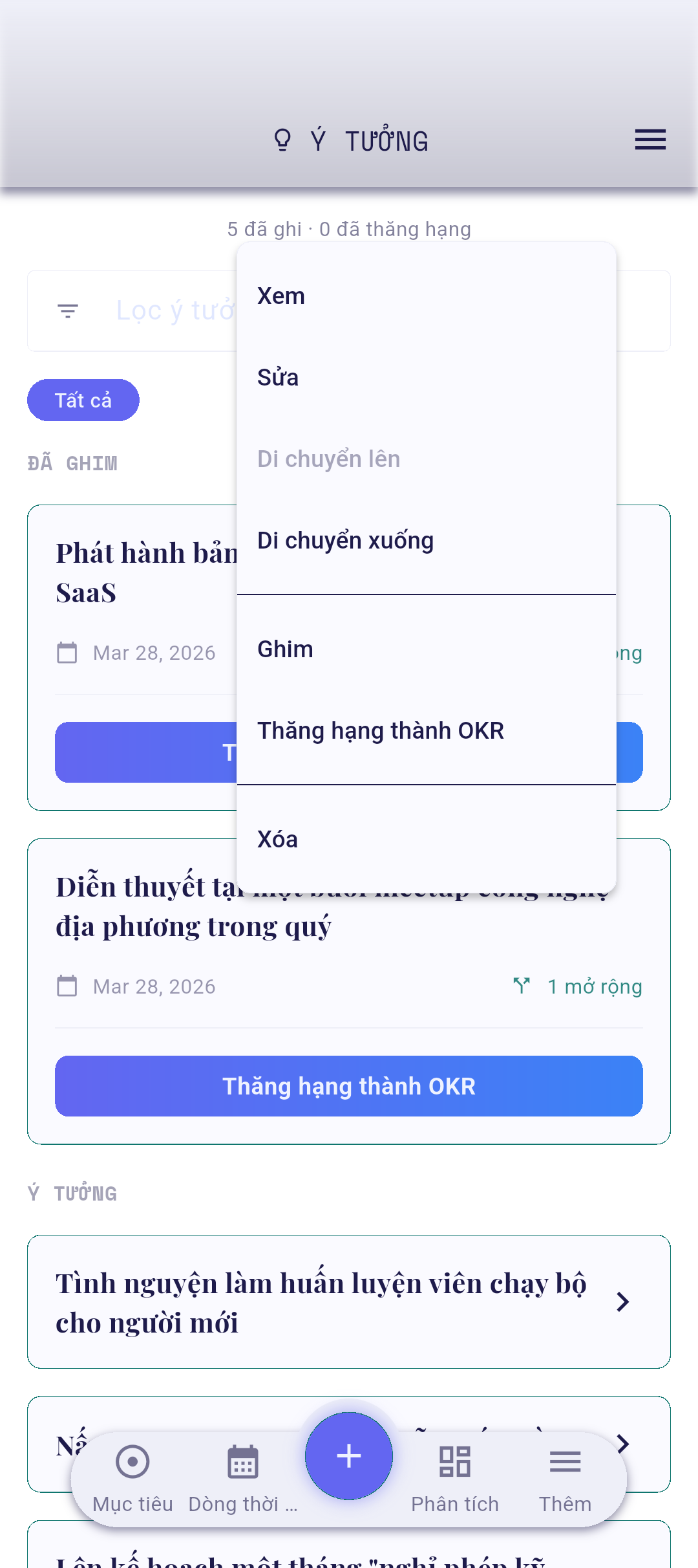 Menu ngữ cảnh ý tưởng với Ghim được làm nổi bật