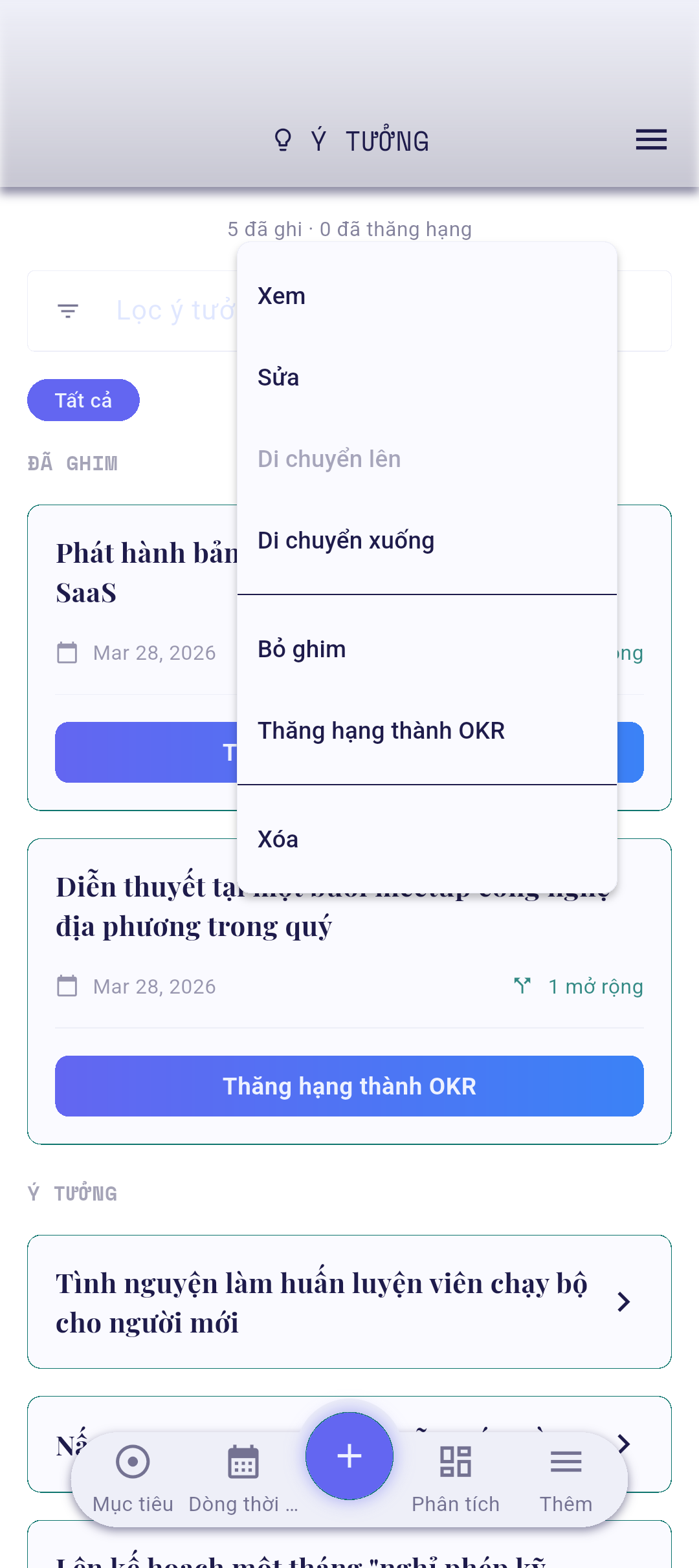 Menu ngữ cảnh ý tưởng với Thăng cấp thành OKR