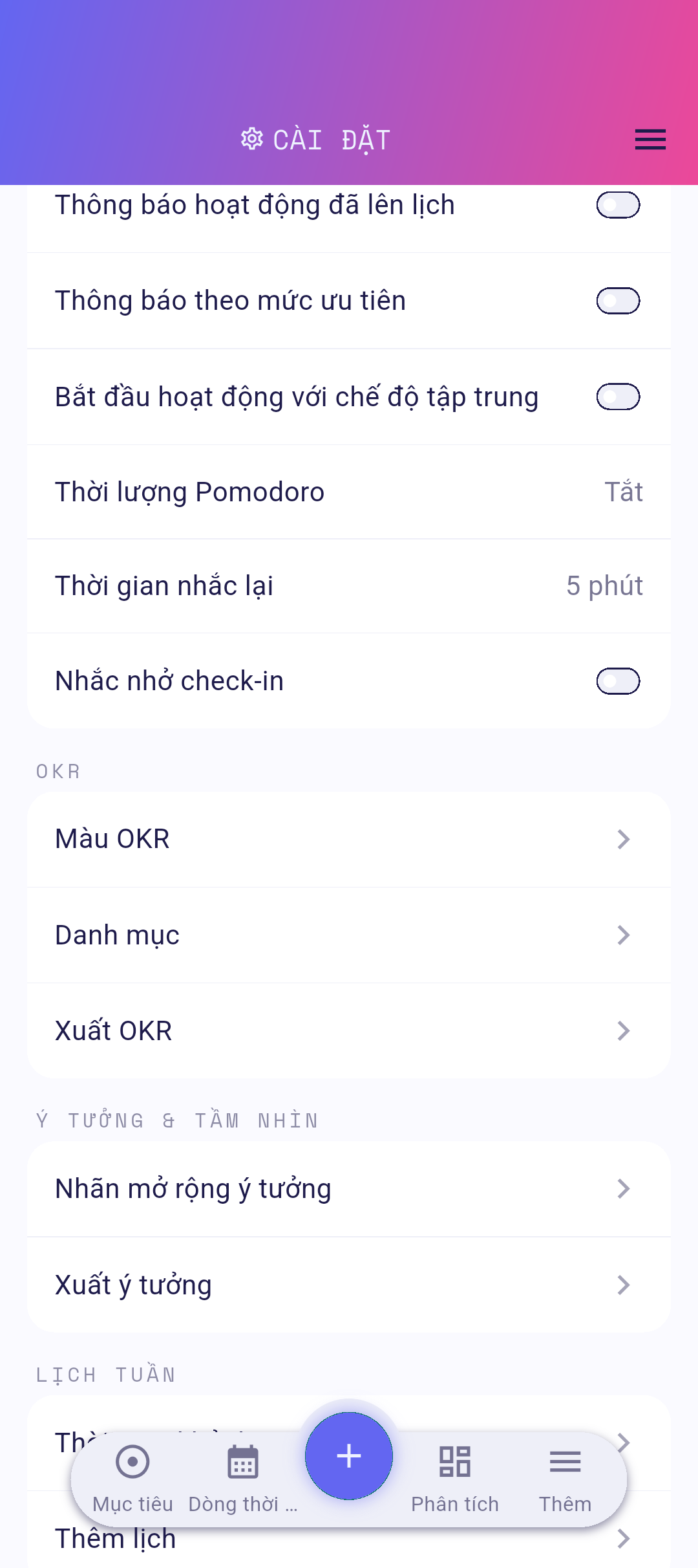 Hàng nút bật/tắt trong cài đặt