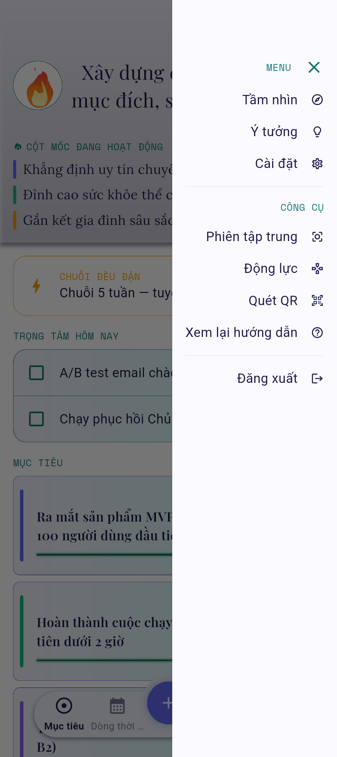 Menu thanh bên với Tầm nhìn được làm nổi bật